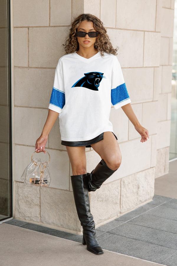 Gameday Couture CAROLINA PANTHERS DOMINANCE RHINESTONE STRIPE VARSITY TEE
