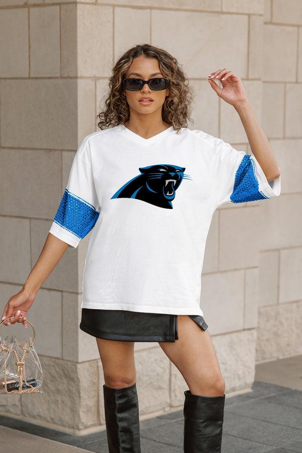 Gameday Couture CAROLINA PANTHERS DOMINANCE RHINESTONE STRIPE VARSITY TEE