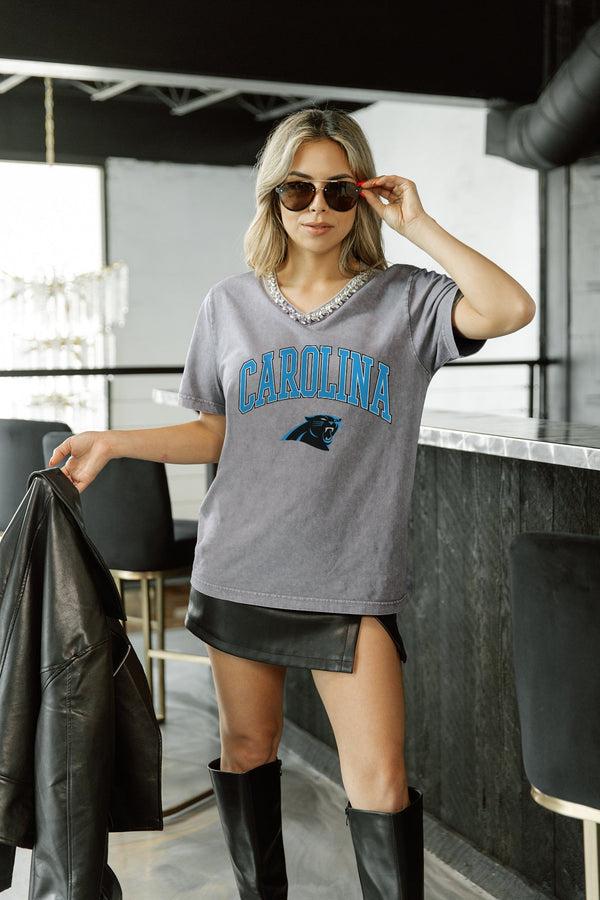 gameday couture CAROLINA PANTHERS ICONIC EDGE RHINESTONE TRIM V-NECK TEE
