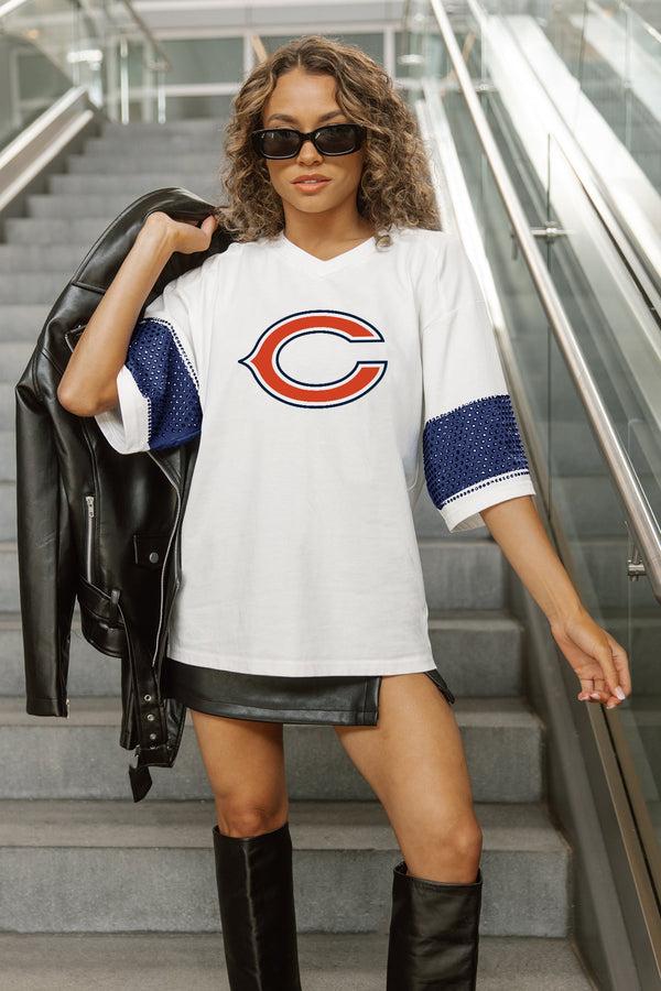 Gameday Couture CHICAGO BEARS DOMINANCE RHINESTONE STRIPE VARSITY TEE