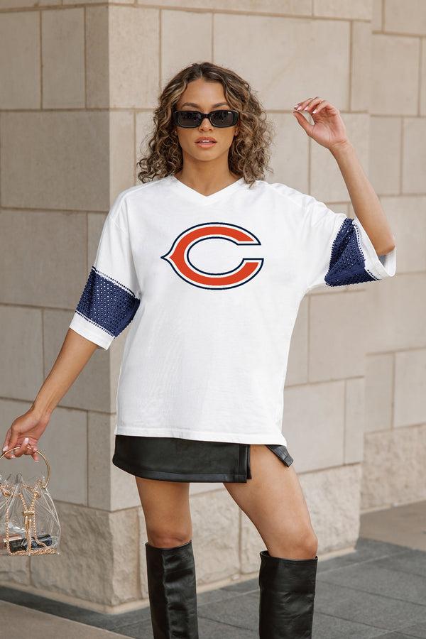 Gameday Couture CHICAGO BEARS DOMINANCE RHINESTONE STRIPE VARSITY TEE