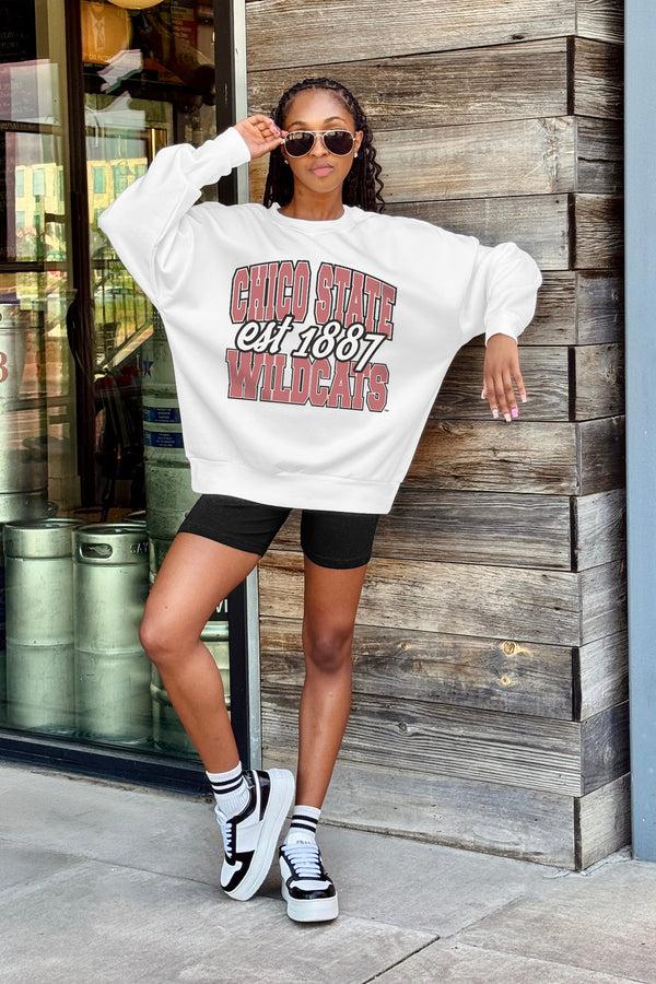 Gameday Couture CHICO STATE WILDCATS FADED FORMATION PREMIUM FLEECE DROP SHOULDER CREWNECK PULLOVER