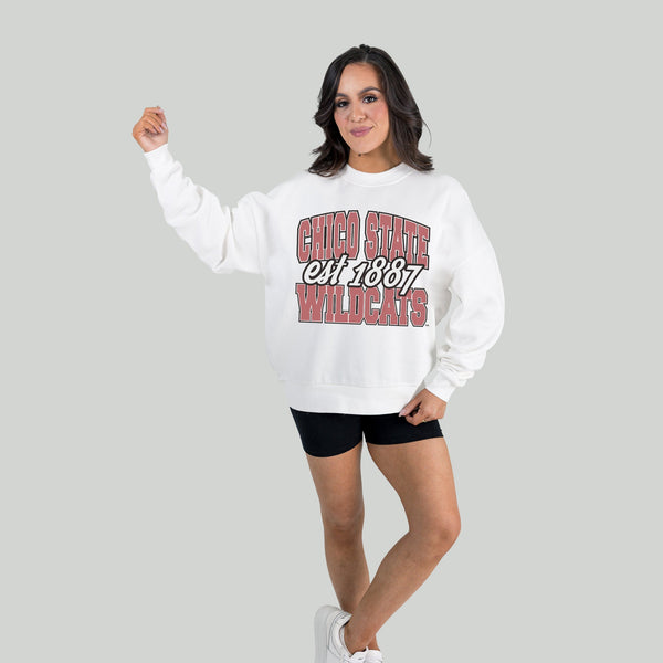 Gameday Couture CHICO STATE WILDCATS FADED FORMATION PREMIUM FLEECE DROP SHOULDER CREWNECK PULLOVER