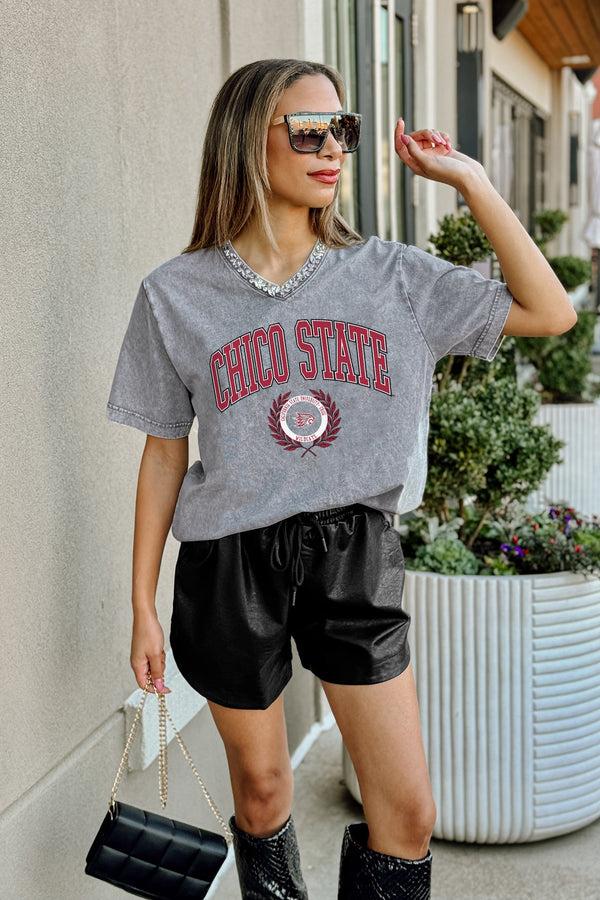 Gameday Couture CHICO STATE WILDCATS ICONIC EDGE RHINESTONE TRIM V-NECK TEE