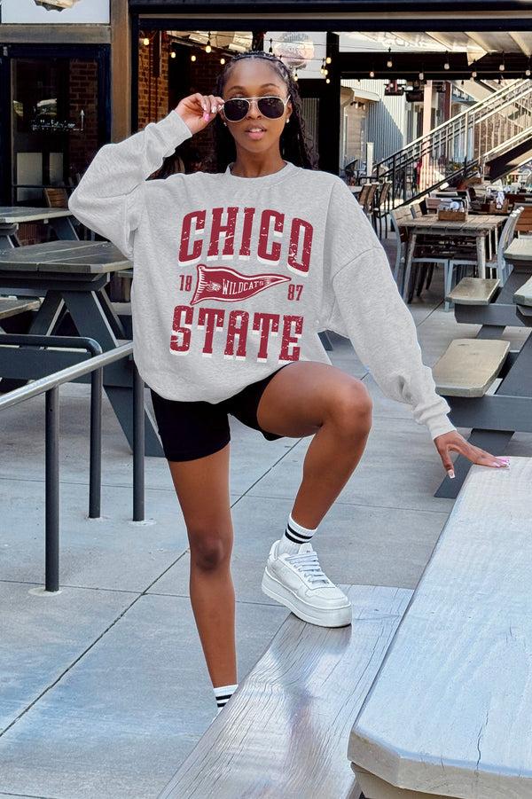 Gameday Couture CHICO STATE WILDCATS PENNANT PRIDE PREMIUM FLEECE DROP SHOULDER CREWNECK PULLOVER