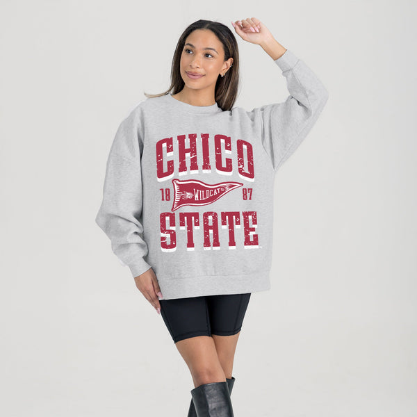 Gameday Couture CHICO STATE WILDCATS PENNANT PRIDE PREMIUM FLEECE DROP SHOULDER CREWNECK PULLOVER
