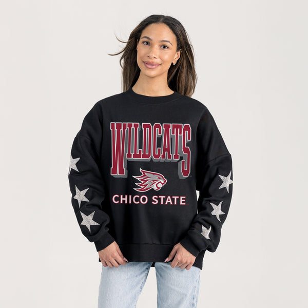 Gameday Couture CHICO STATE WILDCATS PURE VICTORY EMBELLISHED STAR SLEEVE CREWNECK PULLOVER