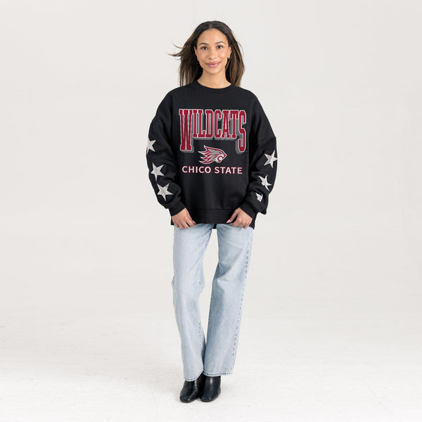 Gameday Couture CHICO STATE WILDCATS PURE VICTORY EMBELLISHED STAR SLEEVE CREWNECK PULLOVER