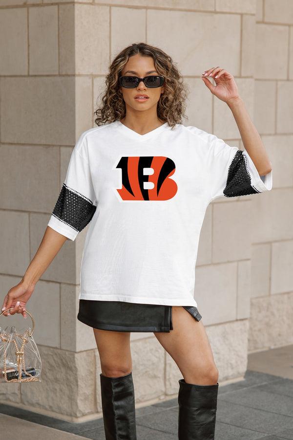Gameday Couture CINCINNATI BENGALS DOMINANCE RHINESTONE STRIPE VARSITY TEE