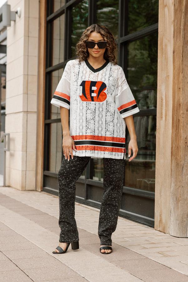 gameday couture CINCINNATI BENGALS HIGH NOTE LACE FASHION TOP