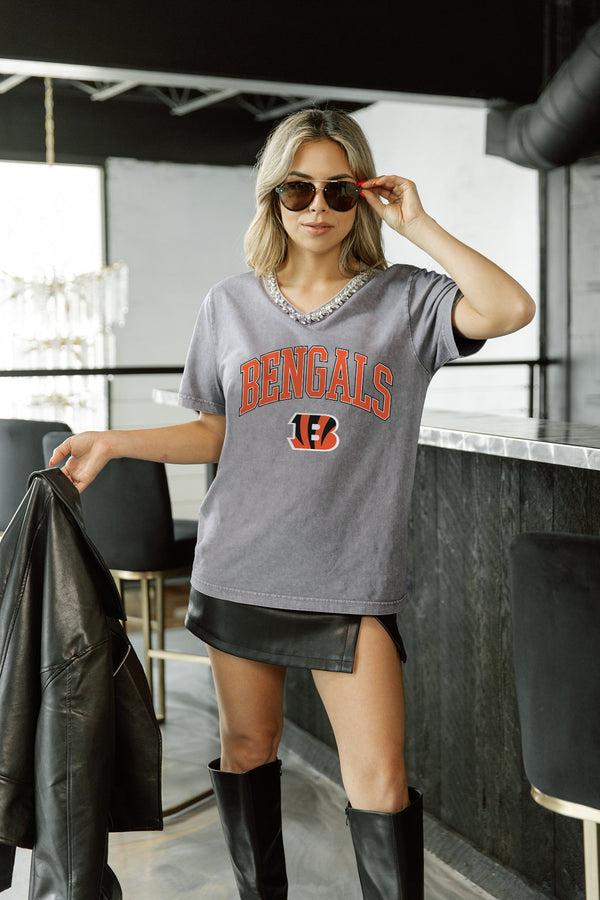 gameday couture CINCINNATI BENGALS ICONIC EDGE RHINESTONE TRIM V-NECK TEE