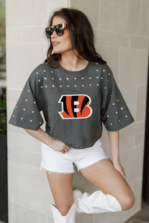 Gameday Couture CINCINNATI BENGALS Making Moves Rhinestone Crop Tee With Yoke