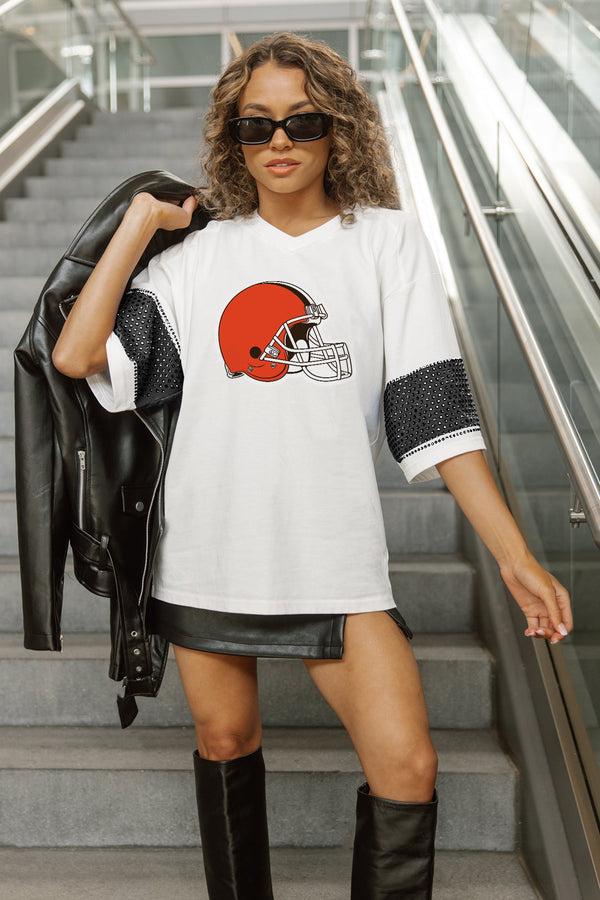 Gameday Couture CLEVELAND BROWNS DOMINANCE RHINESTONE STRIPE VARSITY TEE