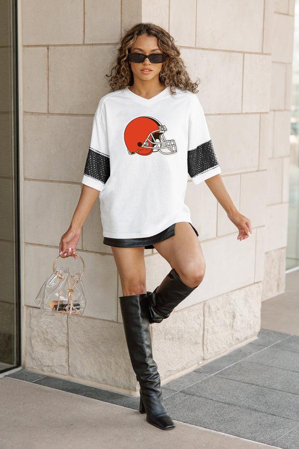 Gameday Couture CLEVELAND BROWNS DOMINANCE RHINESTONE STRIPE VARSITY TEE