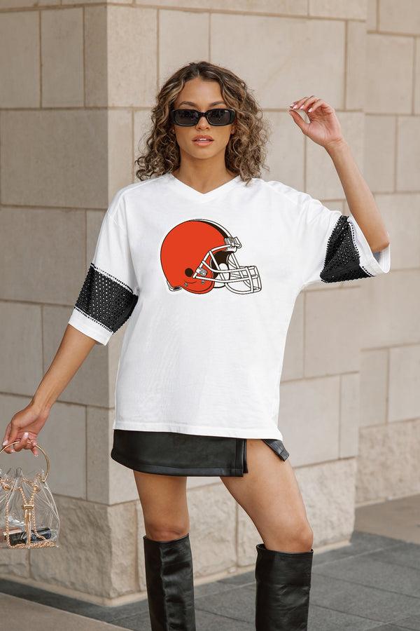 Gameday Couture CLEVELAND BROWNS DOMINANCE RHINESTONE STRIPE VARSITY TEE