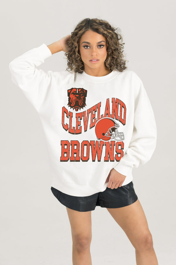 Gameday Couture CLEVELAND BROWNS HARD EARNED PREMIUM FLEECE CREWNECK PULLOVER