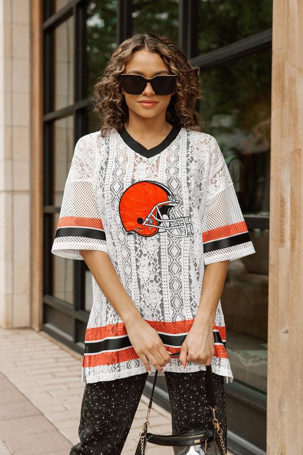 Gameday Couture CLEVELAND BROWNS HIGH NOTE LACE FASHION TOP