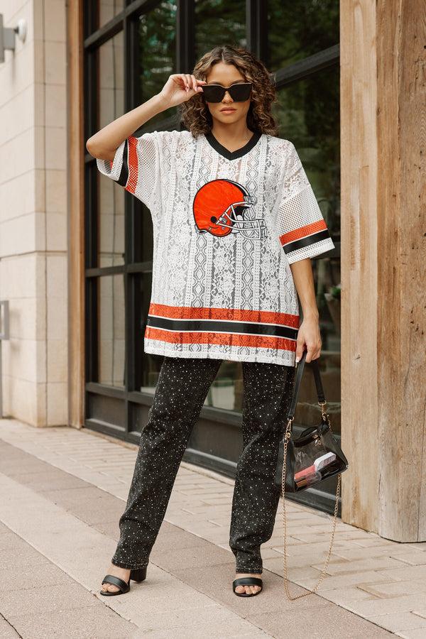 Gameday Couture CLEVELAND BROWNS HIGH NOTE LACE FASHION TOP