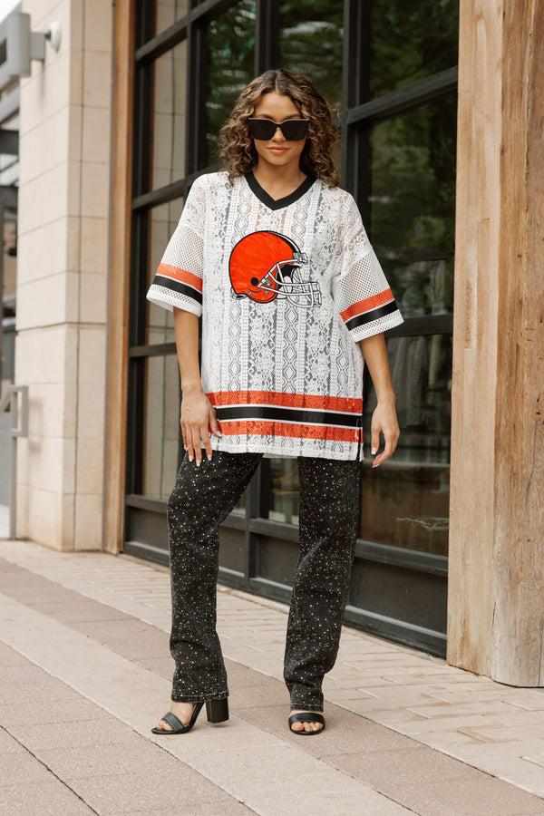 gameday couture CLEVELAND BROWNS HIGH NOTE LACE FASHION TOP