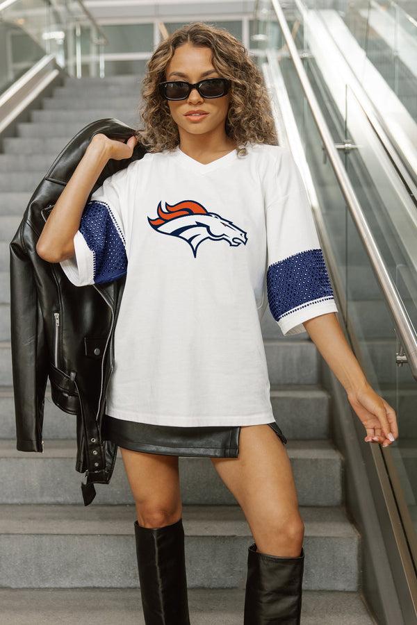Gameday Couture DENVER BRONCOS DOMINANCE RHINESTONE STRIPE VARSITY TEE