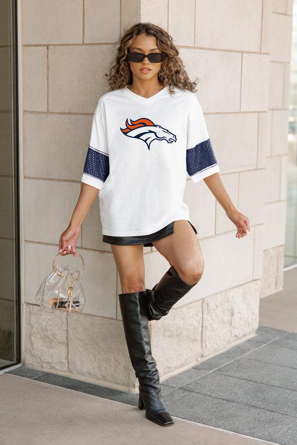 Gameday Couture DENVER BRONCOS DOMINANCE RHINESTONE STRIPE VARSITY TEE