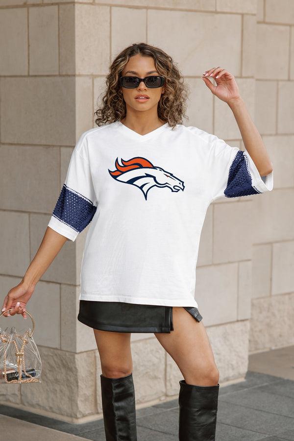 Gameday Couture DENVER BRONCOS DOMINANCE RHINESTONE STRIPE VARSITY TEE