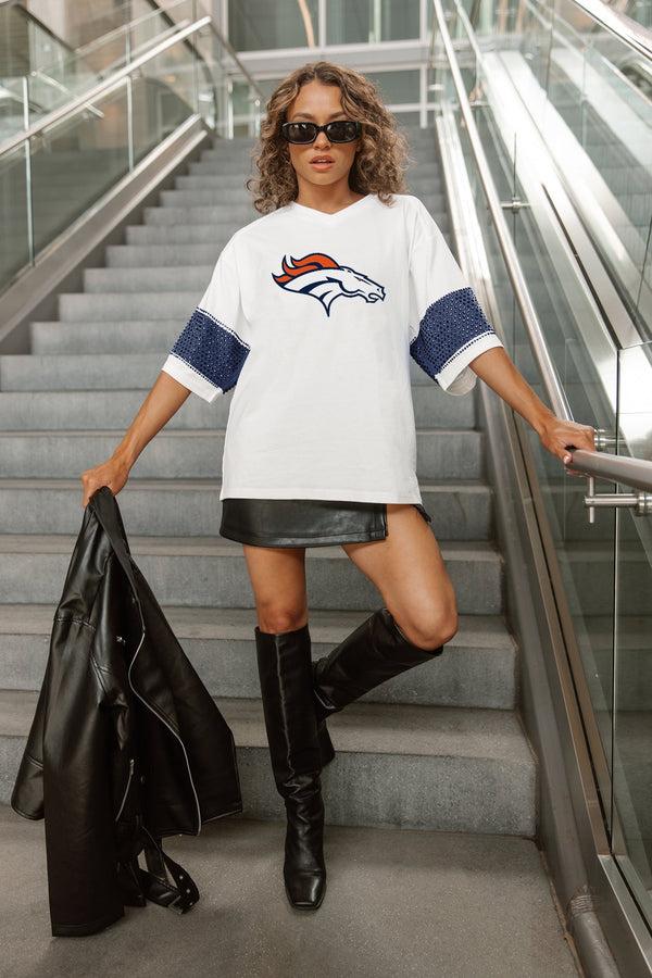 gameday couture DENVER BRONCOS DOMINANCE RHINESTONE STRIPE VARSITY TEE