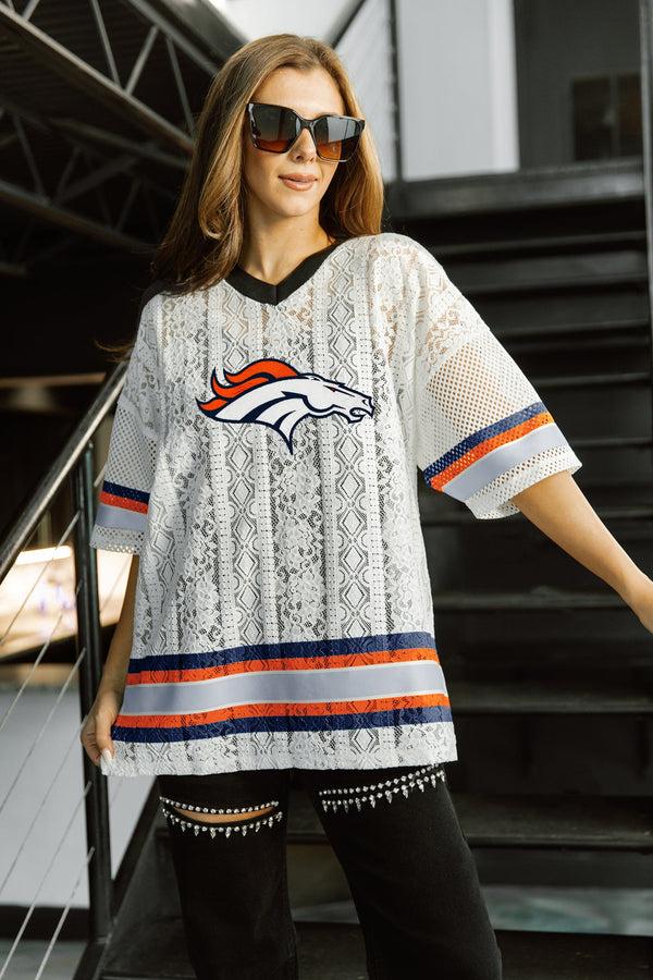 gameday couture DENVER BRONCOS HIGH NOTE LACE FASHION TOP