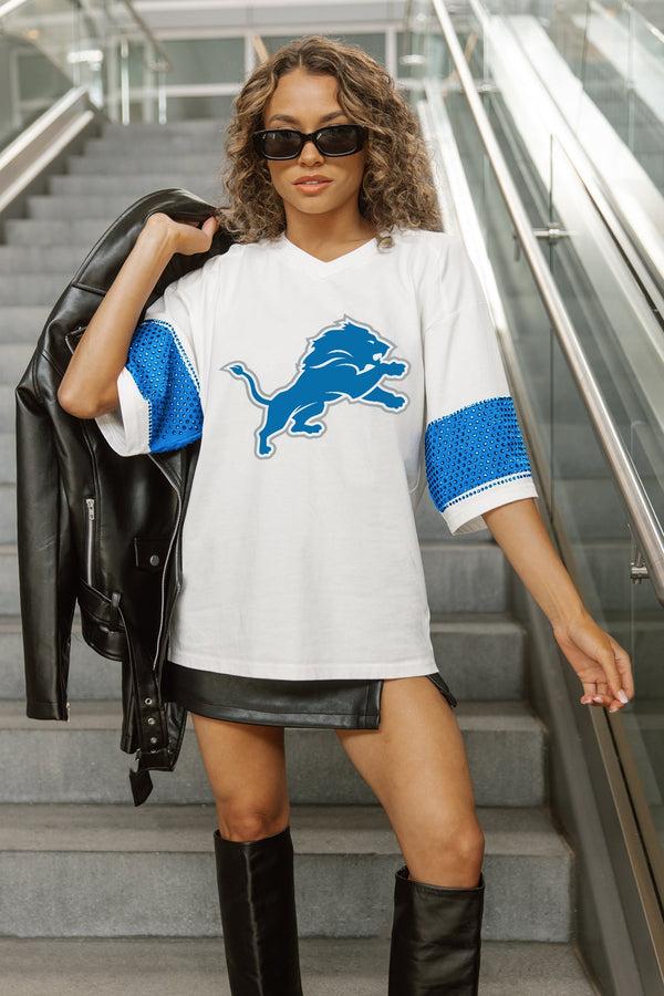 Gameday Couture DETROIT LIONS DOMINANCE RHINESTONE STRIPE VARSITY TEE