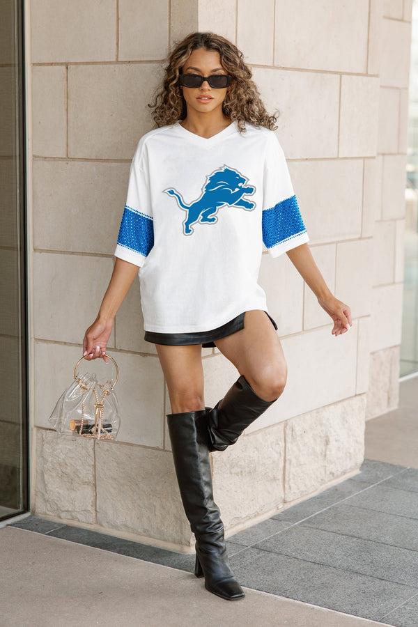 Gameday Couture DETROIT LIONS DOMINANCE RHINESTONE STRIPE VARSITY TEE