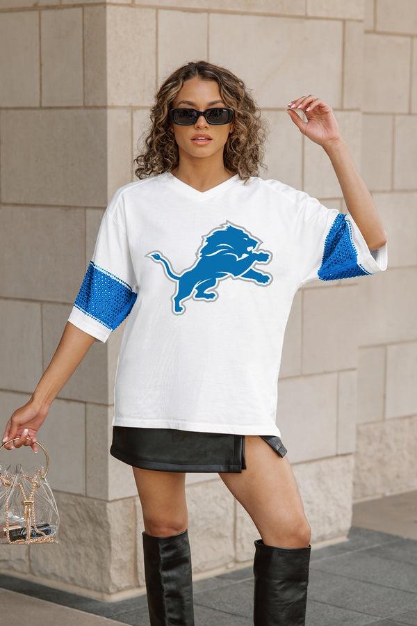 Gameday Couture DETROIT LIONS DOMINANCE RHINESTONE STRIPE VARSITY TEE
