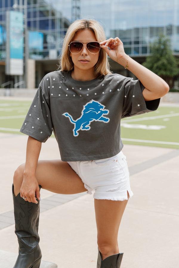 gameday couture DETROIT LIONS Making Moves Rhinestone Crop Tee With Yoke