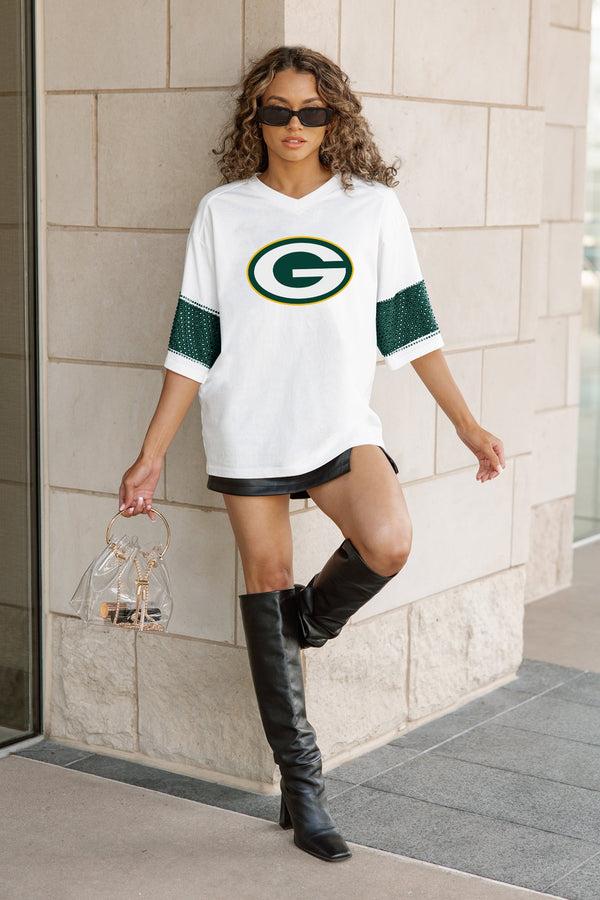 Gameday Couture GREEN BAY PACKERS DOMINANCE RHINESTONE STRIPE VARSITY TEE