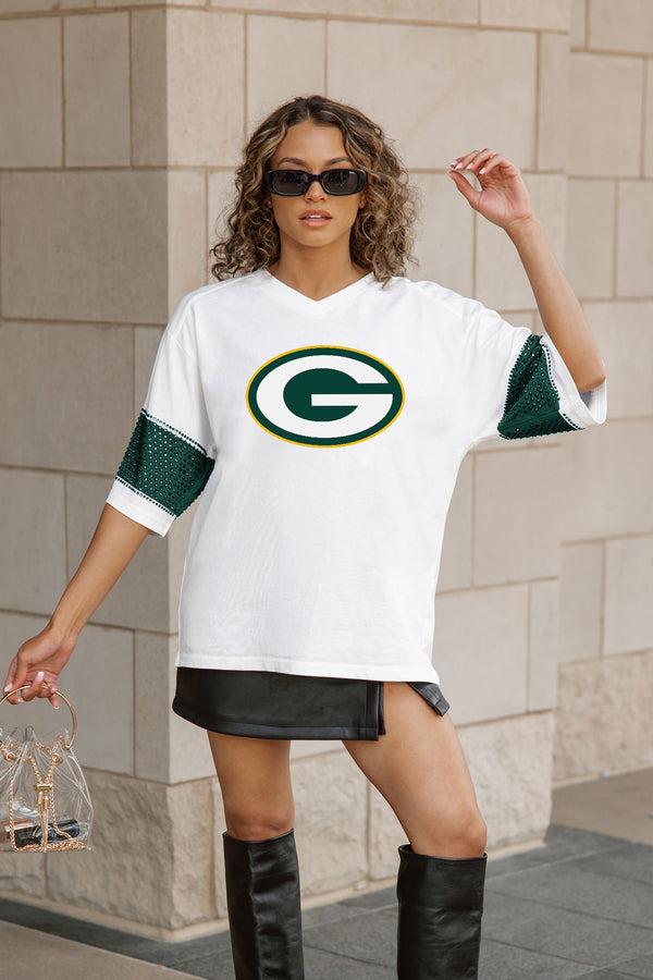 Gameday Couture GREEN BAY PACKERS DOMINANCE RHINESTONE STRIPE VARSITY TEE