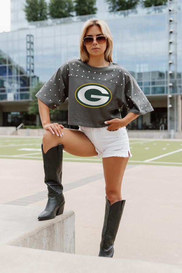 Gameday Couture GREEN BAY PACKERS Making Moves Rhinestone Crop Tee With Yoke