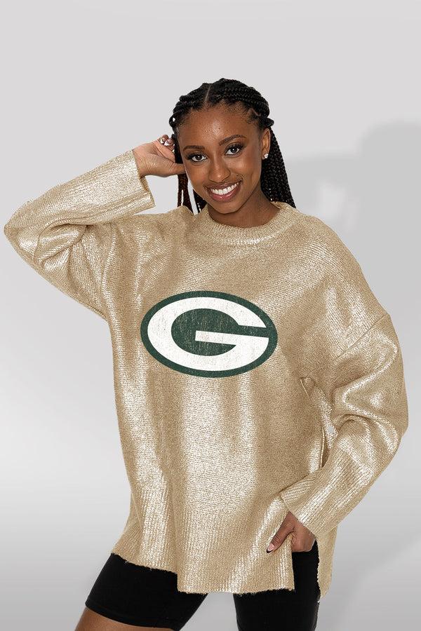Gameday Couture GREEN BAY PACKERS Shine Down Oversized Metallic Sweater