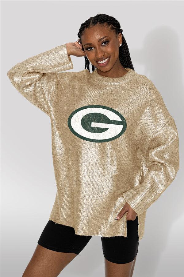 gameday couture GREEN BAY PACKERS Shine Down Oversized Metallic Sweater