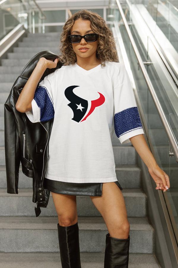 Gameday Couture HOUSTON TEXANS DOMINANCE RHINESTONE STRIPE VARSITY TEE