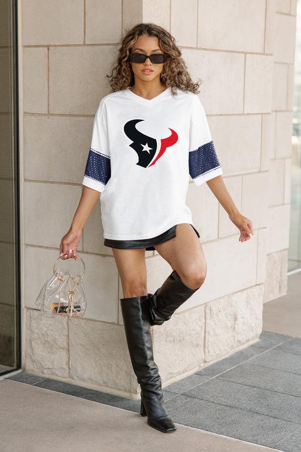 Gameday Couture HOUSTON TEXANS DOMINANCE RHINESTONE STRIPE VARSITY TEE