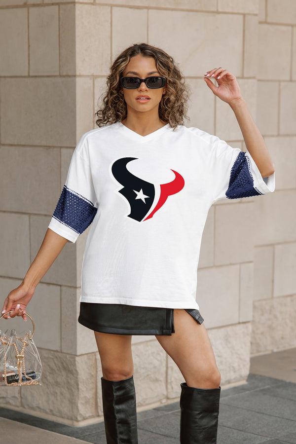 Gameday Couture HOUSTON TEXANS DOMINANCE RHINESTONE STRIPE VARSITY TEE