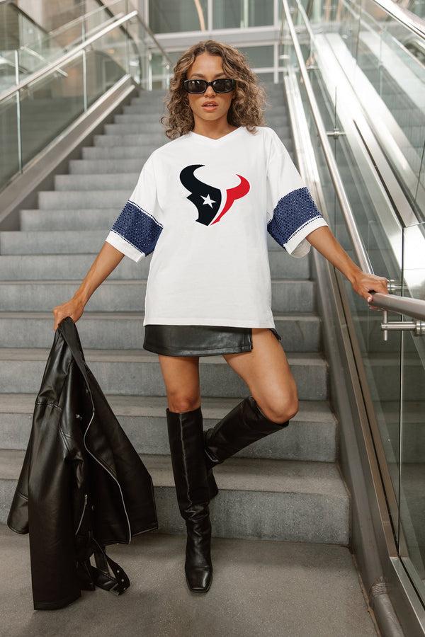 gameday couture HOUSTON TEXANS DOMINANCE RHINESTONE STRIPE VARSITY TEE