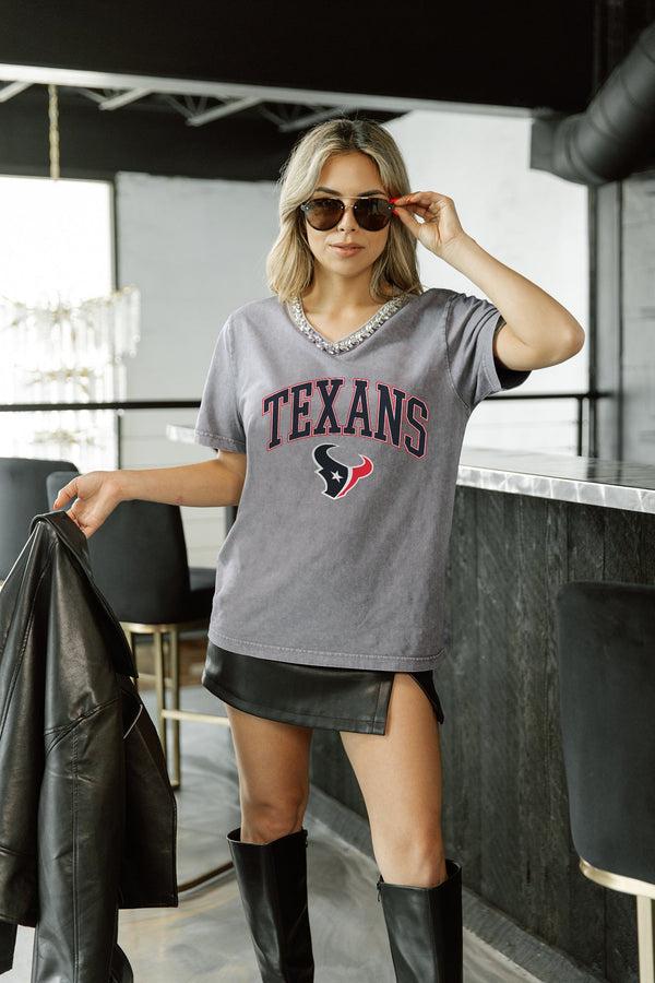 gameday couture HOUSTON TEXANS ICONIC EDGE RHINESTONE TRIM V-NECK TEE