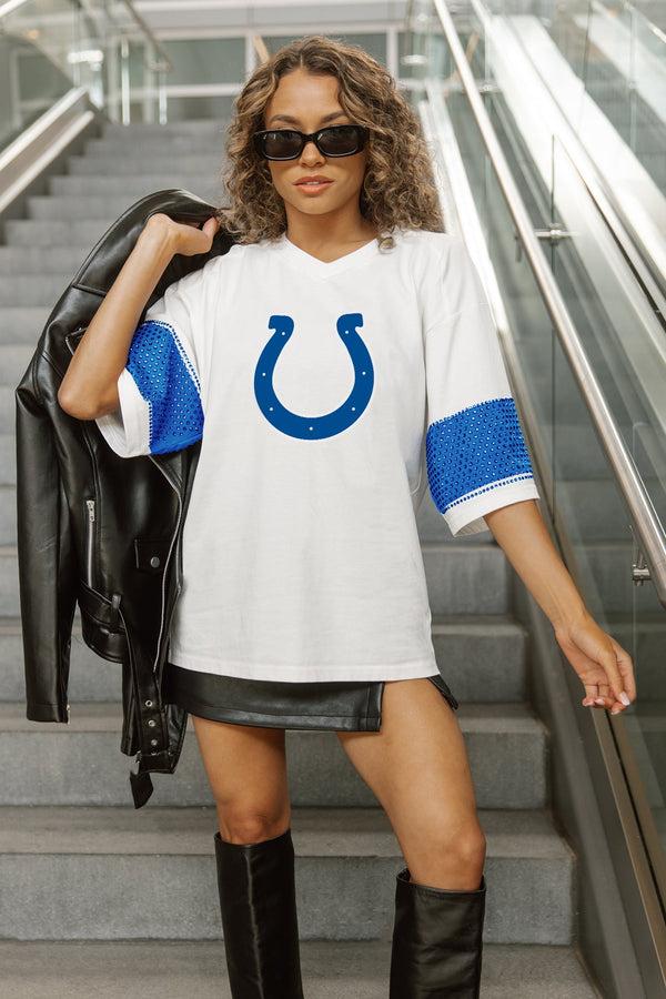 Gameday Couture INDIANAPOLIS COLTS DOMINANCE RHINESTONE STRIPE VARSITY TEE