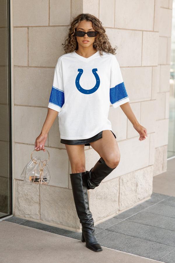 Gameday Couture INDIANAPOLIS COLTS DOMINANCE RHINESTONE STRIPE VARSITY TEE