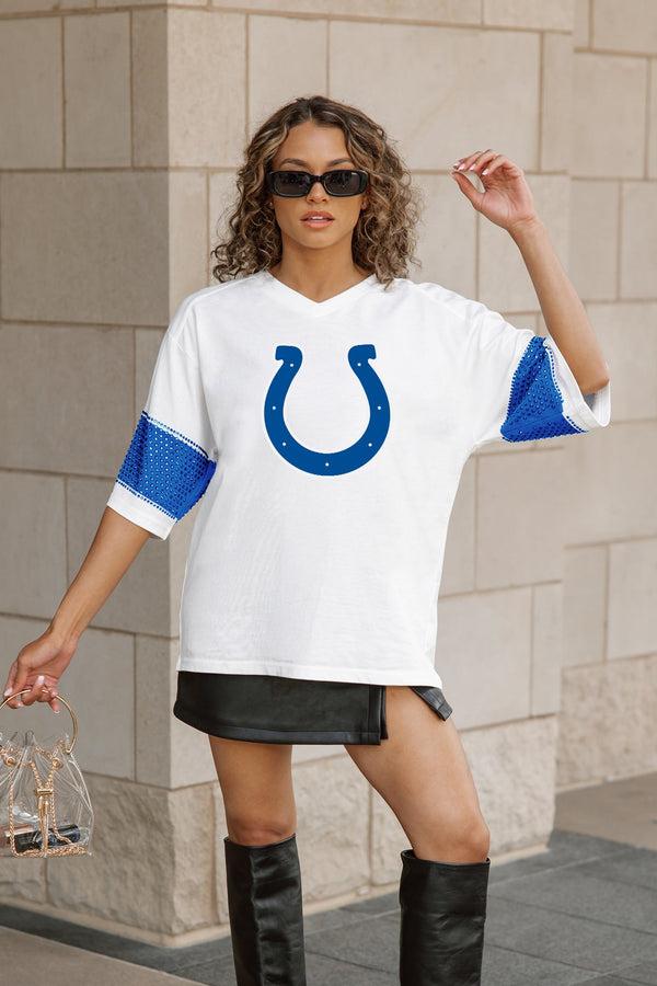 Gameday Couture INDIANAPOLIS COLTS DOMINANCE RHINESTONE STRIPE VARSITY TEE