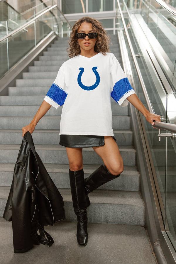 gameday couture INDIANAPOLIS COLTS DOMINANCE RHINESTONE STRIPE VARSITY TEE