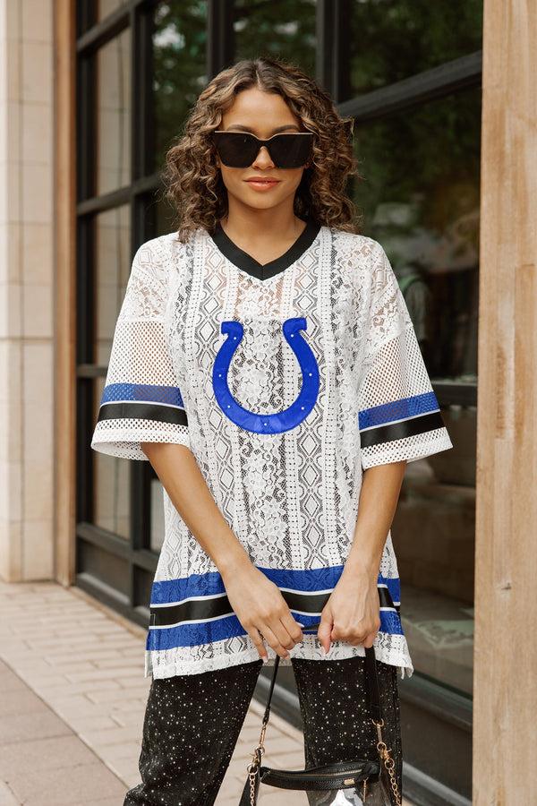 Gameday Couture INDIANAPOLIS COLTS HIGH NOTE LACE FASHION TOP