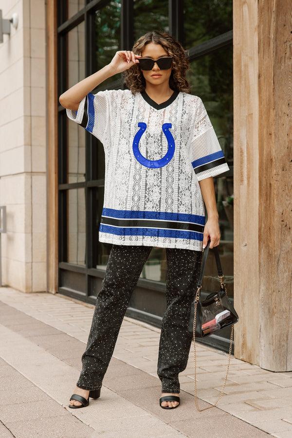Gameday Couture INDIANAPOLIS COLTS HIGH NOTE LACE FASHION TOP