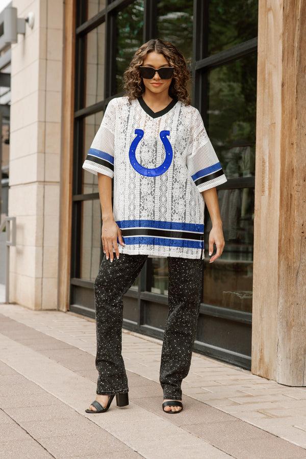 gameday couture INDIANAPOLIS COLTS HIGH NOTE LACE FASHION TOP
