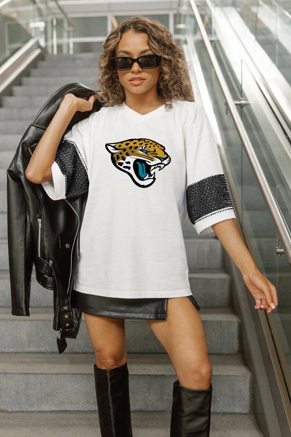 Gameday Couture JACKSONVILLE JAGUARS DOMINANCE RHINESTONE STRIPE VARSITY TEE